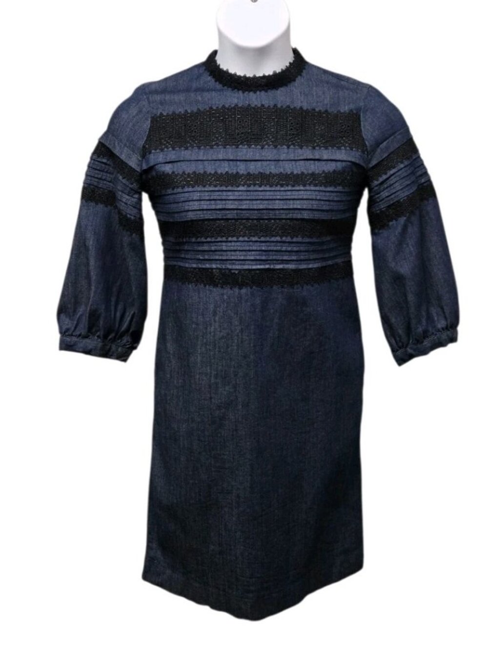 Banana Republic 2 Tall Denim Pintuck Dress Lace Trim Boho Western Chic Modest